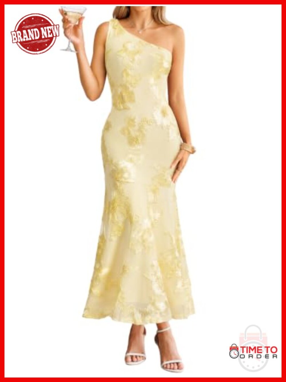 Formal Floral Embroidered Mesh One Shoulder Bodycon Maxi Dress Wedding Guest